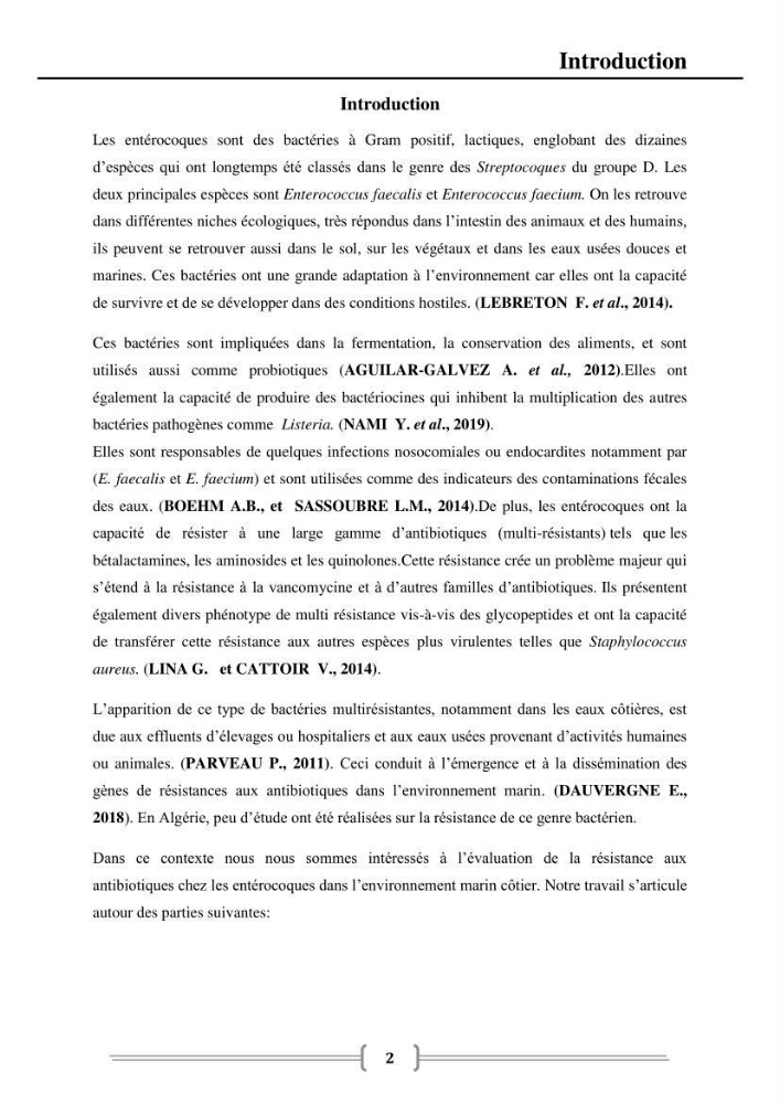 Caractérisation et évaluation de la résistance aux antibiotiques chez les entérocoques dans le milieu marin .