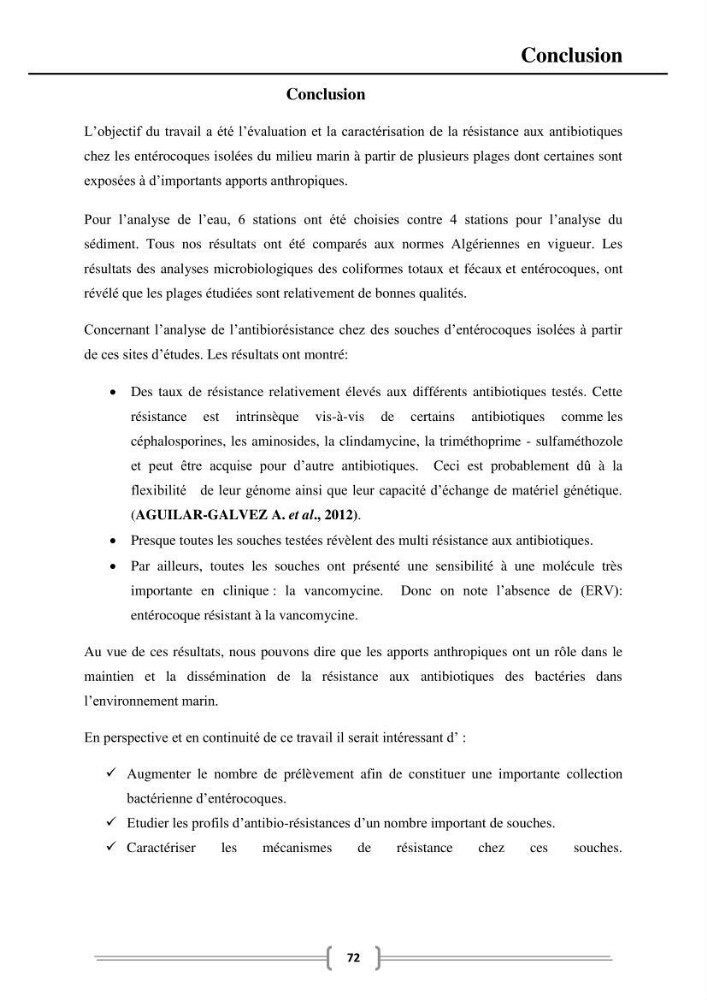 Caractérisation et évaluation de la résistance aux antibiotiques chez les entérocoques dans le milieu marin .