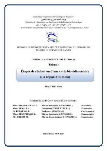 Etapes de réalisation d'une carte biosédimentaire (la région d'El Kala).: Etapes de réalisation d'une carte biosédimentaire (la région d'El Kala).: