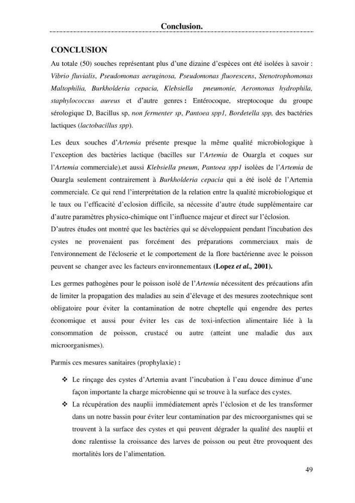 Determination d\'une partie de la flore bactérienne associee aux cystes d\'ARTEMIA (Leach 1819)
