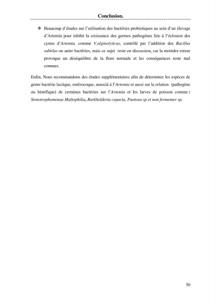 Determination d\'une partie de la flore bactérienne associee aux cystes d\'ARTEMIA (Leach 1819)