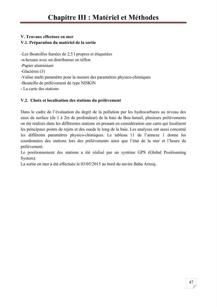 Etat de la pollution par les hydrocarbures aromatiques polycycliques dans les eaux de la baie de Bou-Ismail