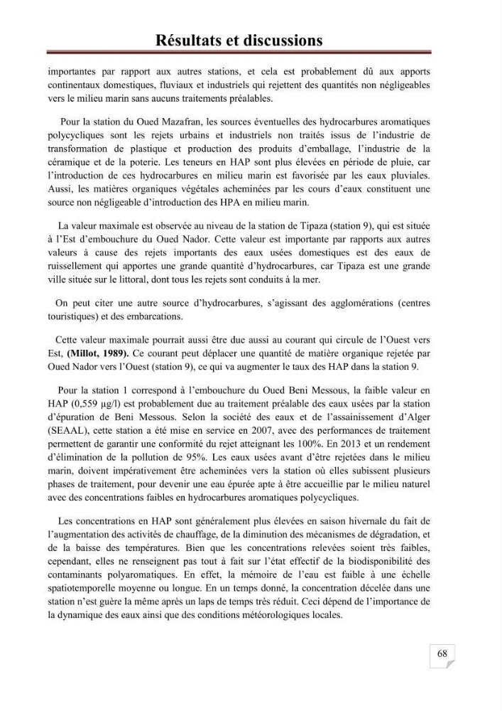 Etat de la pollution par les hydrocarbures aromatiques polycycliques dans les eaux de la baie de Bou-Ismail