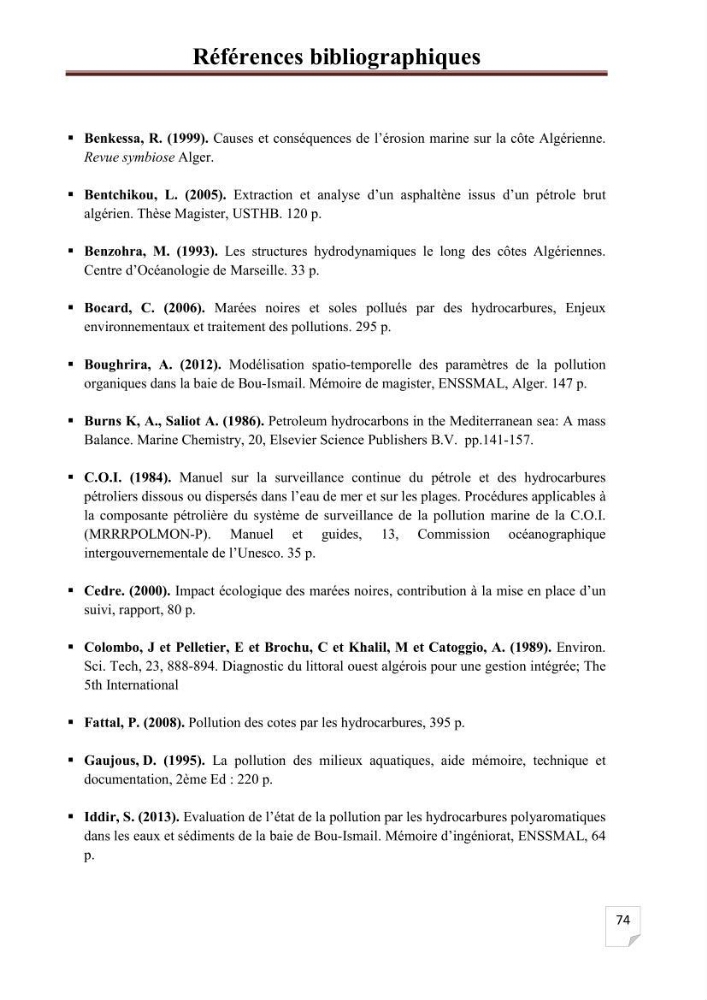 Etat de la pollution par les hydrocarbures aromatiques polycycliques dans les eaux de la baie de Bou-Ismail