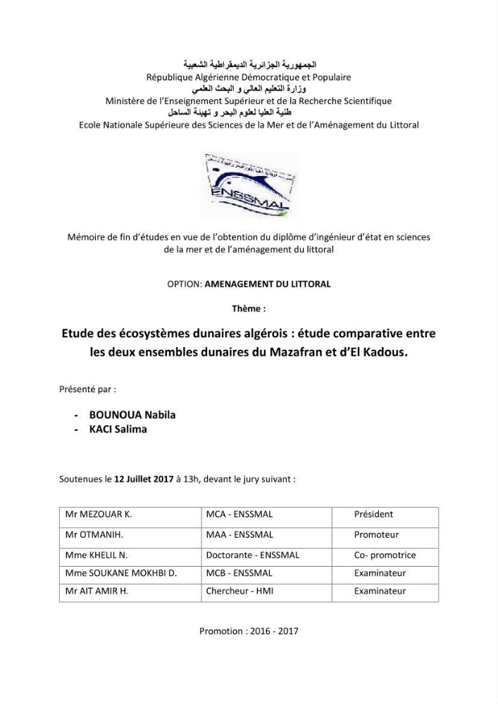 Etude des écosystèmes dunaires algérois