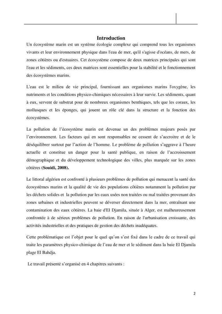 Les paramètres physico-chimique de l\'eau de mer et des sédiments au niveau de la plage El Bahdja dans la baie d\'El Djamila