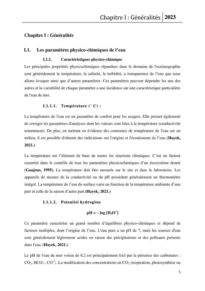 Les paramètres physico-chimique de l\'eau de mer et des sédiments au niveau de la plage El Bahdja dans la baie d\'El Djamila