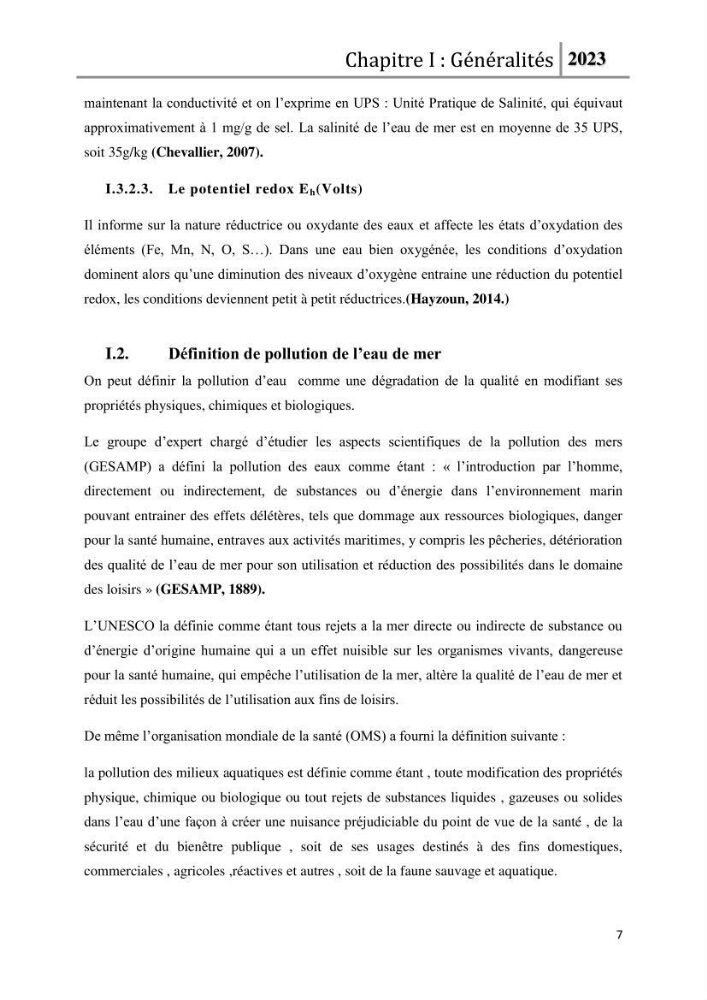 Les paramètres physico-chimique de l\'eau de mer et des sédiments au niveau de la plage El Bahdja dans la baie d\'El Djamila