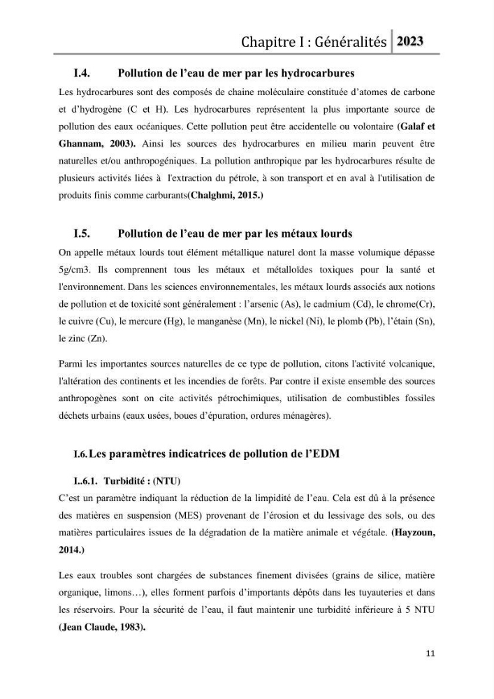 Les paramètres physico-chimique de l\'eau de mer et des sédiments au niveau de la plage El Bahdja dans la baie d\'El Djamila