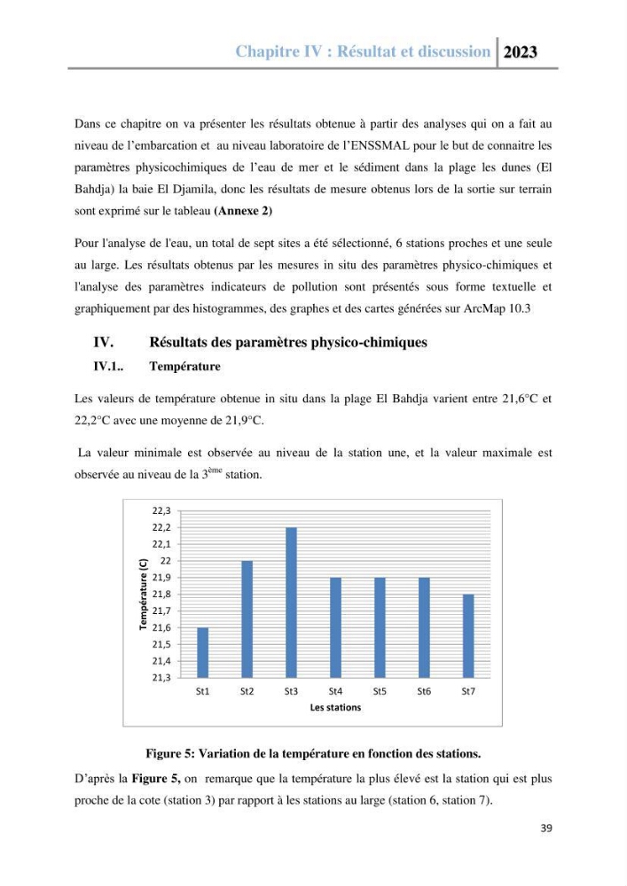 Les paramètres physico-chimique de l\'eau de mer et des sédiments au niveau de la plage El Bahdja dans la baie d\'El Djamila