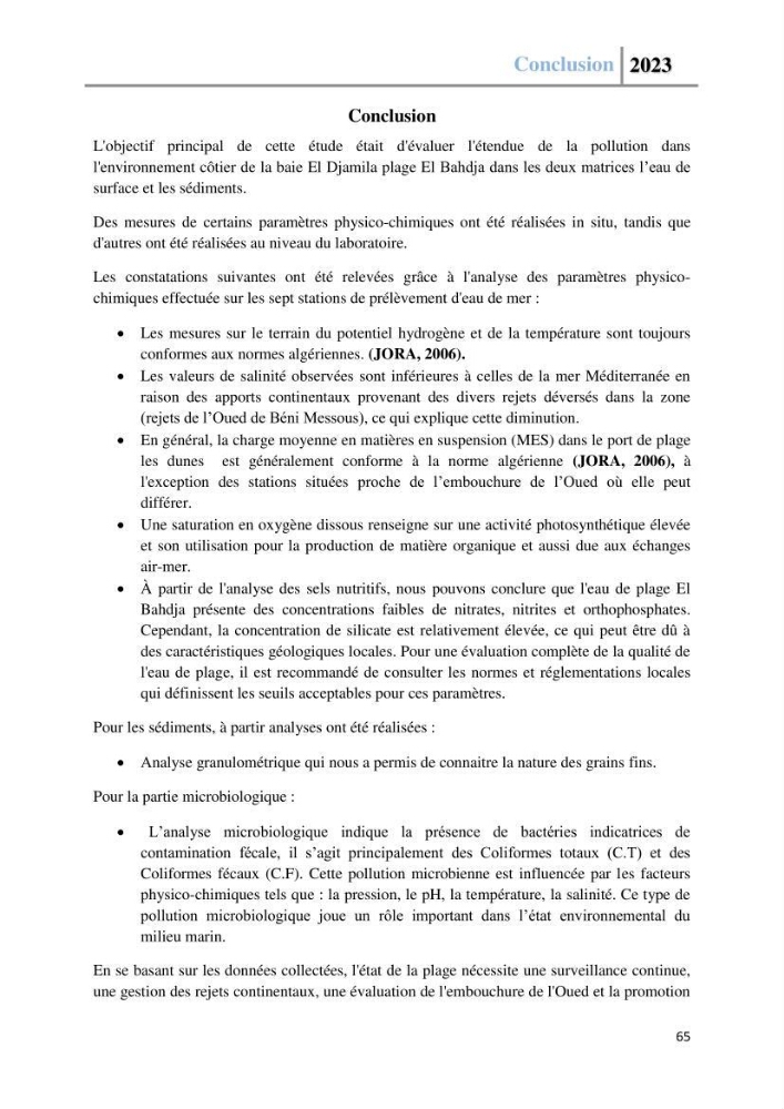Les paramètres physico-chimique de l\'eau de mer et des sédiments au niveau de la plage El Bahdja dans la baie d\'El Djamila