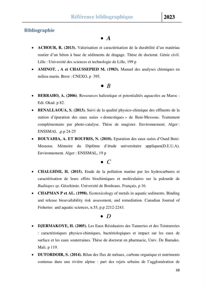 Les paramètres physico-chimique de l\'eau de mer et des sédiments au niveau de la plage El Bahdja dans la baie d\'El Djamila