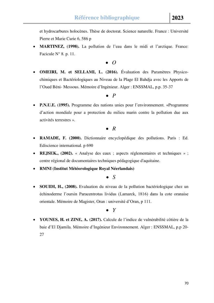 Les paramètres physico-chimique de l\'eau de mer et des sédiments au niveau de la plage El Bahdja dans la baie d\'El Djamila