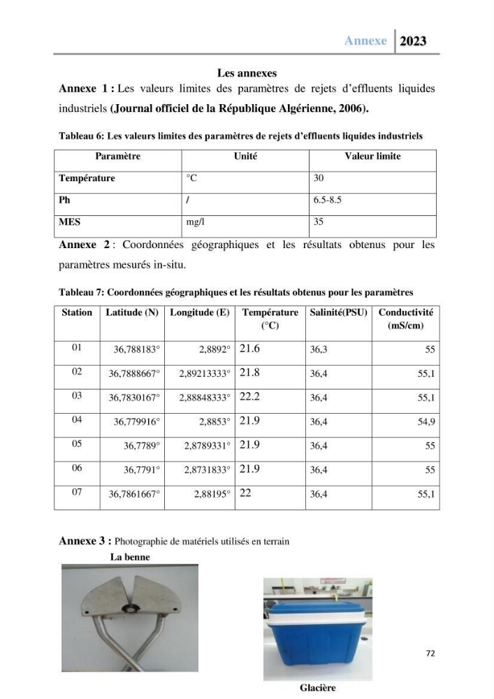 Les paramètres physico-chimique de l\'eau de mer et des sédiments au niveau de la plage El Bahdja dans la baie d\'El Djamila