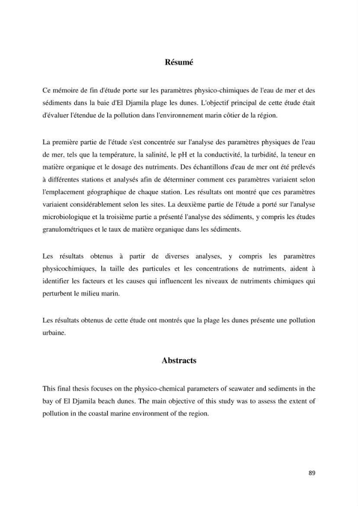 Les paramètres physico-chimique de l\'eau de mer et des sédiments au niveau de la plage El Bahdja dans la baie d\'El Djamila
