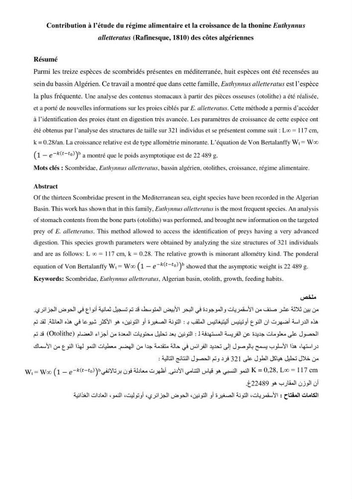 Contribution à l\'étude du régime alimentaire et la croissance de thonine Euthynnus alletteratus ( Rafinesque,1810) des côtes algériennes.: