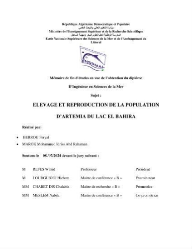 Elevage et reproduction de la population d'Artémia du Lac El Bahira Elevage et reproduction de la population d'Artémia du Lac El Bahira