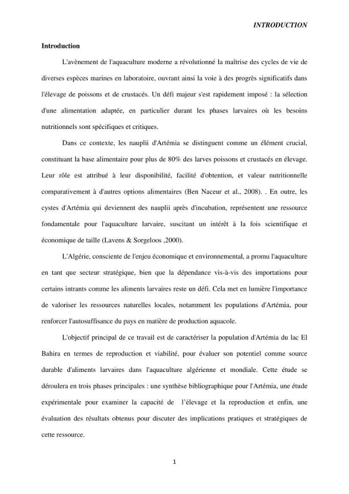 Elevage et reproduction de la population d\'Artémia du Lac El Bahira