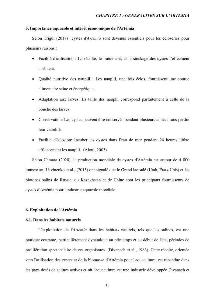 Elevage et reproduction de la population d\'Artémia du Lac El Bahira