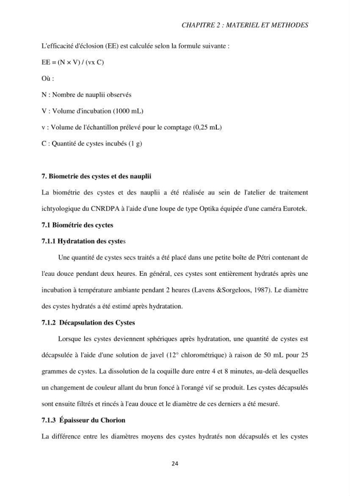 Elevage et reproduction de la population d\'Artémia du Lac El Bahira