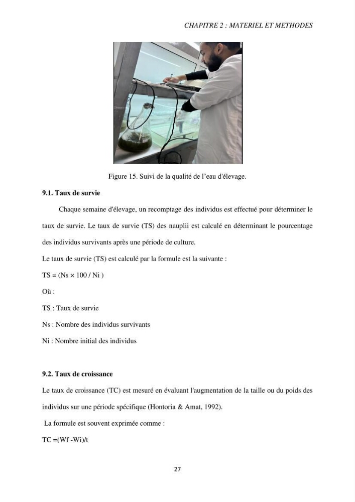 Elevage et reproduction de la population d\'Artémia du Lac El Bahira