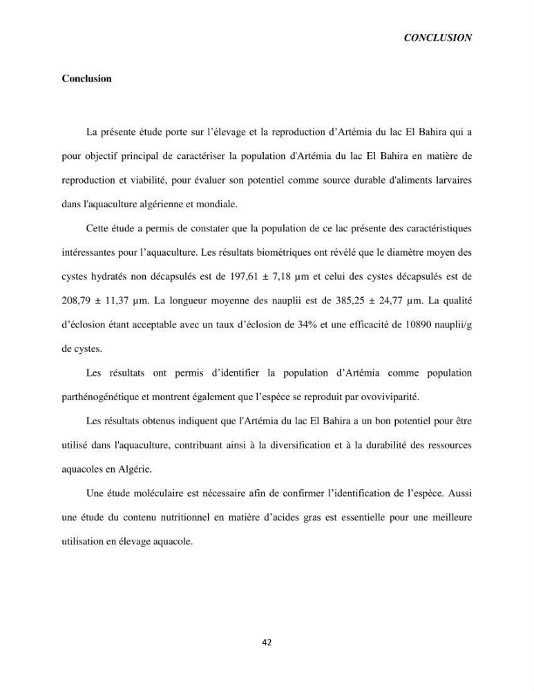 Elevage et reproduction de la population d\'Artémia du Lac El Bahira