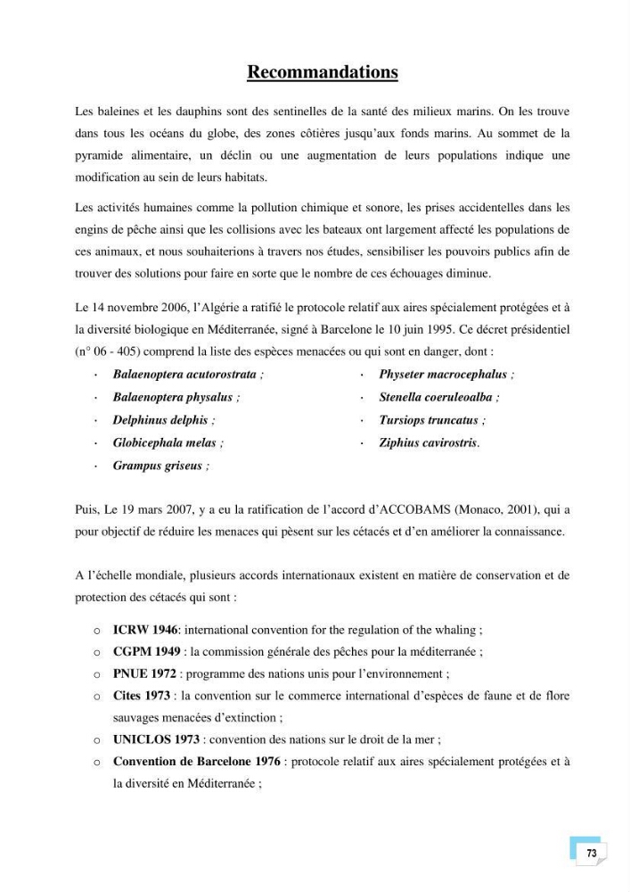 Bilan des échouages de cetacés dans le centre Algérien