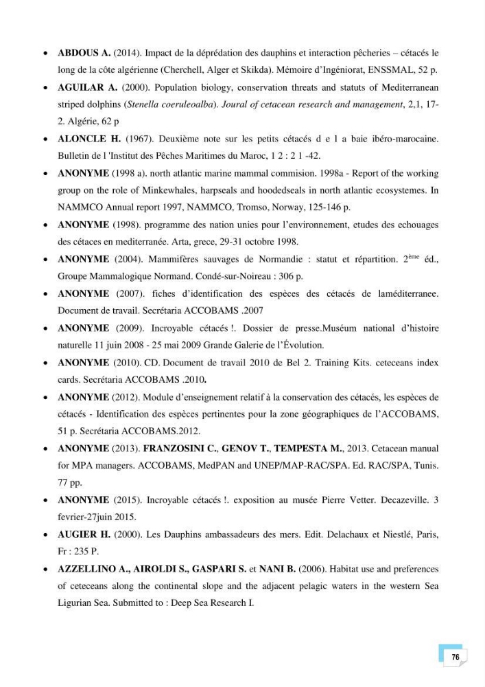 Bilan des échouages de cetacés dans le centre Algérien
