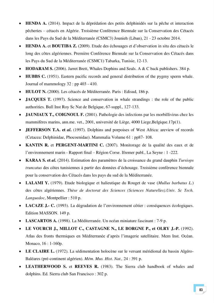 Bilan des échouages de cetacés dans le centre Algérien