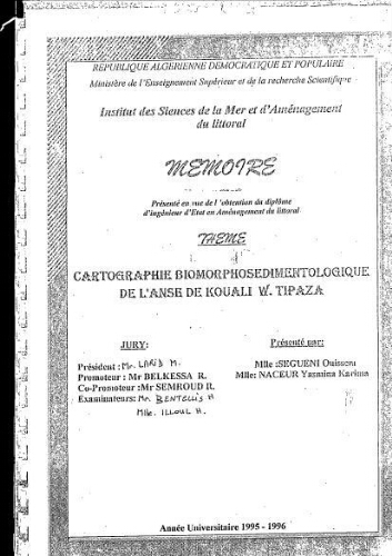 Cartographie biomorphosédimentologique de l'anse de Kouali Wilaya de Tipaza Cartographie biomorphosédimentologique de l'anse de Kouali Wilaya de Tipaza