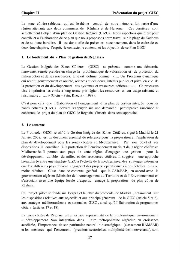 Approche intégrée d\'un littoral sableux spécifique dans le cadre du (Plan GIZC de Réghaia)