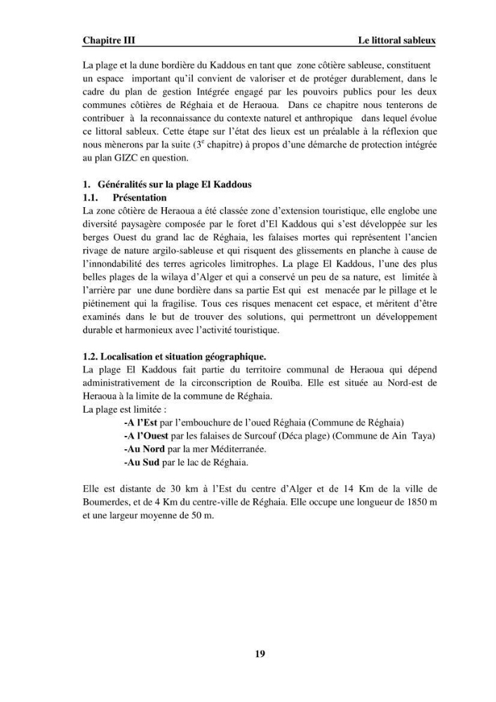 Approche intégrée d\'un littoral sableux spécifique dans le cadre du (Plan GIZC de Réghaia)