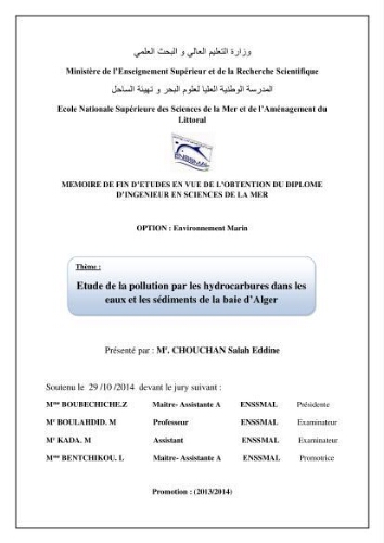 Etude de la pollution par les hydrocarbures dans les eaux et les sédiments de la baie d'Alger Etude de la pollution par les hydrocarbures dans les eaux et les sédiments de la baie d'Alger