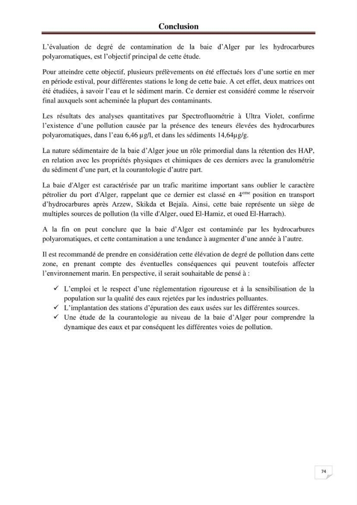 Etude de la pollution par les hydrocarbures dans les eaux et les sédiments de la baie d\'Alger
