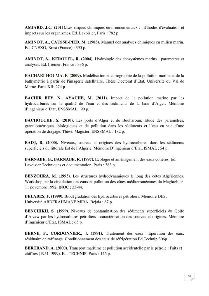 Etude de la pollution par les hydrocarbures dans les eaux et les sédiments de la baie d\'Alger