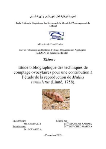 Etude bibliographique des techniques de comptage ovocytaires pour une contribution à l'étude de la reproduction de Mullus surmuletus (Linné, 1758): Etude bibliographique des techniques de comptage ovocytaires pour une contribution à l'étude de la reproduction de Mullus surmuletus (Linné, 1758):