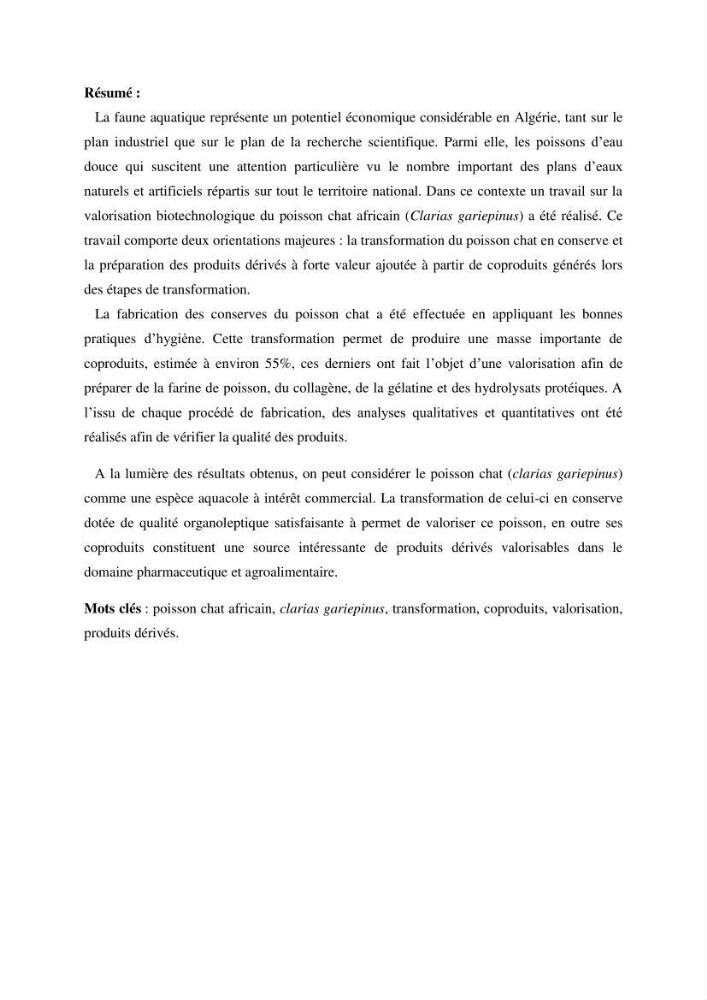 Fabrication des conserves alimentaires à partir du poisson chat africain Clarias gariepinus (Bruchell, 1822) et contribution à la valorisation des coproduits générés: