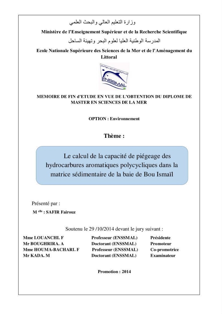 Le calcul de la capacité de piégeage des hydrocarbures aromatiques polycycliques dans la matrice sédimentaire de la baie de Bou-Ismail