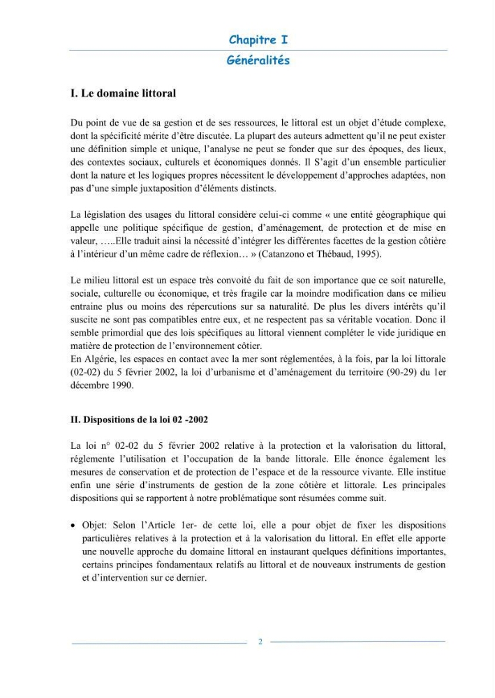 L\'état de la mise en oeuvre de la loi 02-02- du 5 février 2002 de la protection et la valorisation de littoral dans la wilaya d\'Annaba