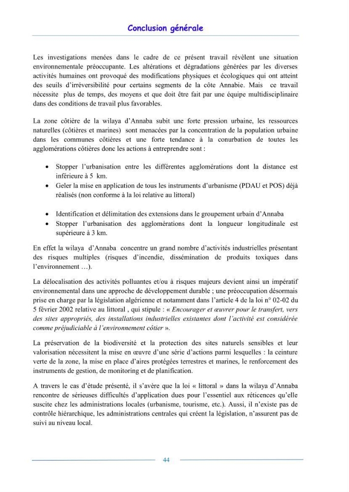L\'état de la mise en oeuvre de la loi 02-02- du 5 février 2002 de la protection et la valorisation de littoral dans la wilaya d\'Annaba