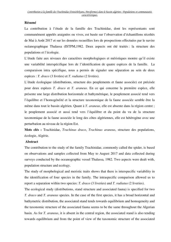 Contribution à la famille des Trachinidae (Osteichthyens, Perciformes)dans le bassin algérien: Populations et communautés caractéristiques