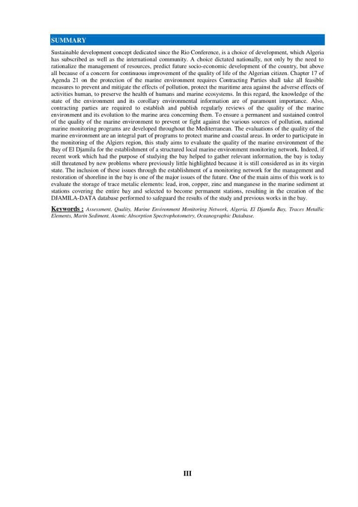 Evaluation de la qualité du mileu marin dans la baie d\'el djamila en vue de la mise en place d\'un réseau de surveillance