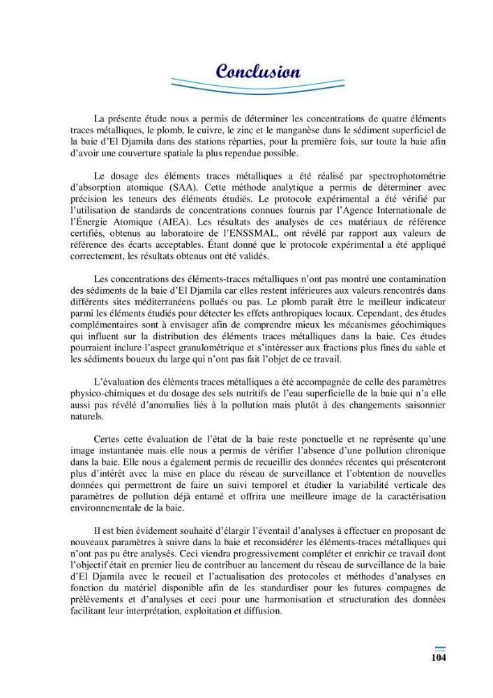 Evaluation de la qualité du mileu marin dans la baie d\'el djamila en vue de la mise en place d\'un réseau de surveillance