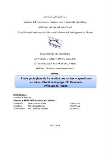 Étude géologique de l'altération des roches magmatiques au milieu littoral de la plage d'El Hamdania ( wilaya de Tipaza ) Étude géologique de l'altération des roches magmatiques au milieu littoral de la plage d'El Hamdania ( wilaya de Tipaza )
