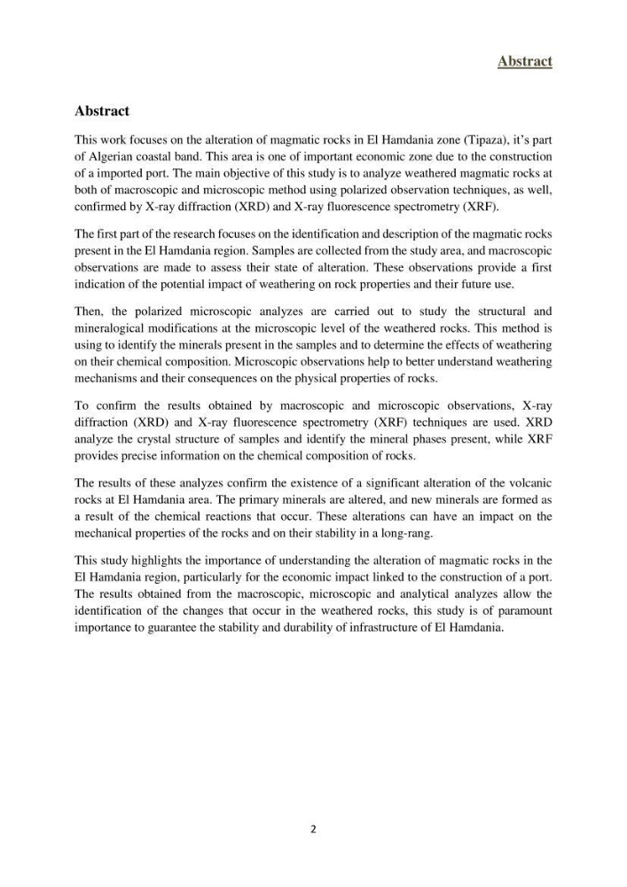 Étude géologique de l\'altération des roches magmatiques au milieu littoral de la plage d\'El Hamdania ( wilaya de Tipaza )