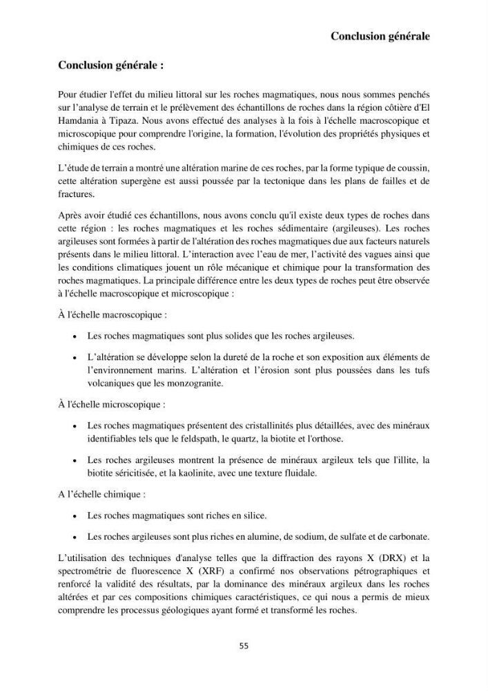 Étude géologique de l\'altération des roches magmatiques au milieu littoral de la plage d\'El Hamdania ( wilaya de Tipaza )