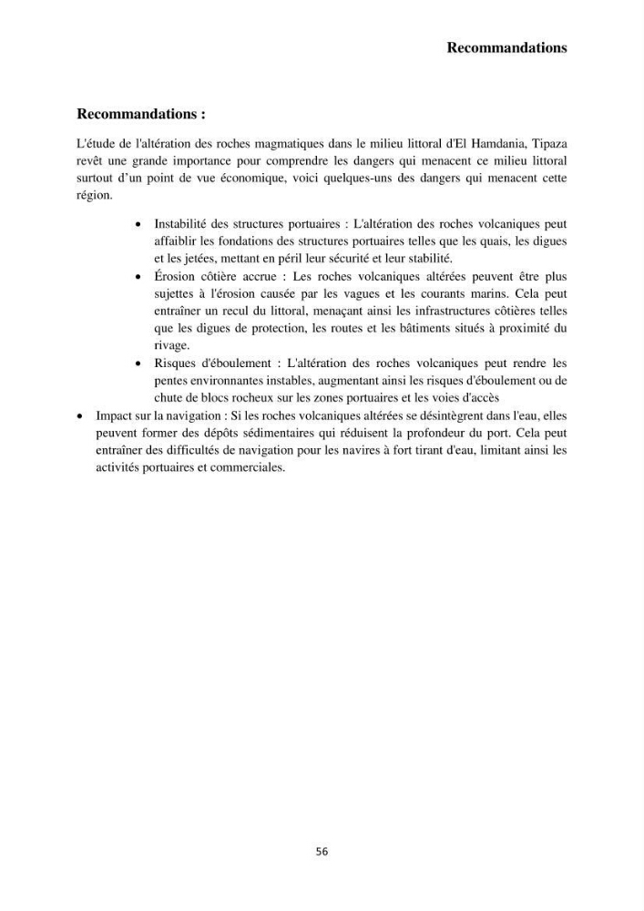 Étude géologique de l\'altération des roches magmatiques au milieu littoral de la plage d\'El Hamdania ( wilaya de Tipaza )