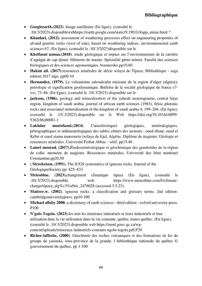 Étude géologique de l\'altération des roches magmatiques au milieu littoral de la plage d\'El Hamdania ( wilaya de Tipaza )