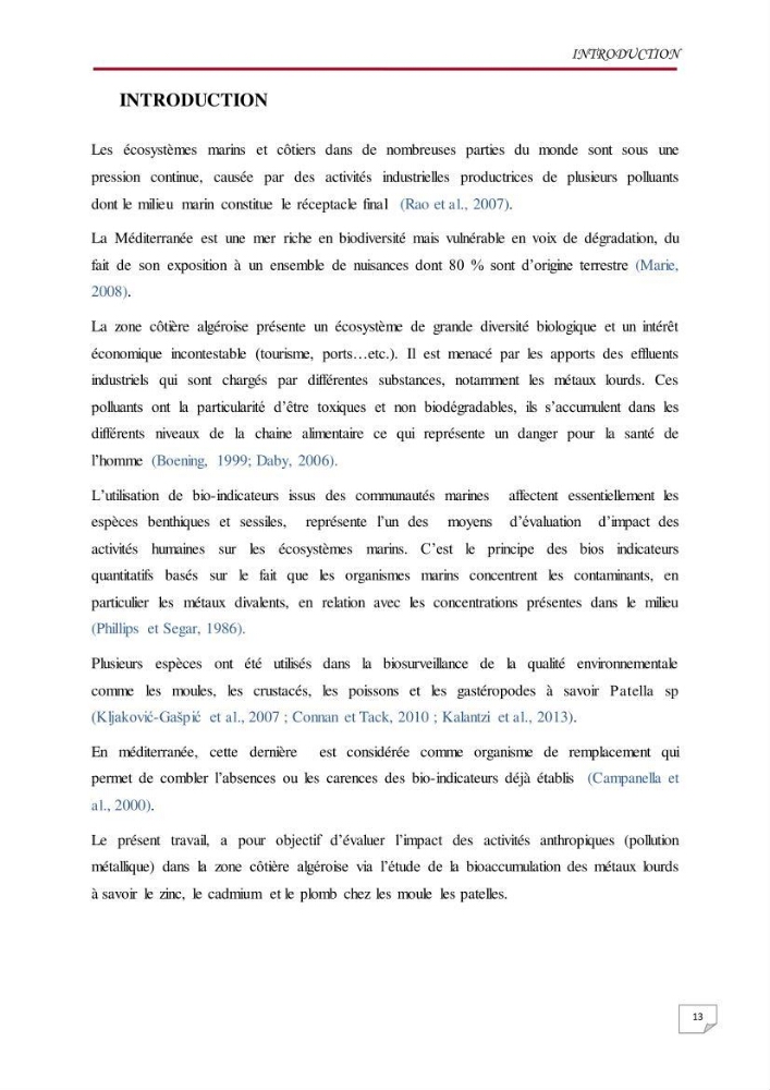 Evaluation des teneurs en métaux lourds dans l\'environnement marin du littoral Algérois chez Patella sp et les moules