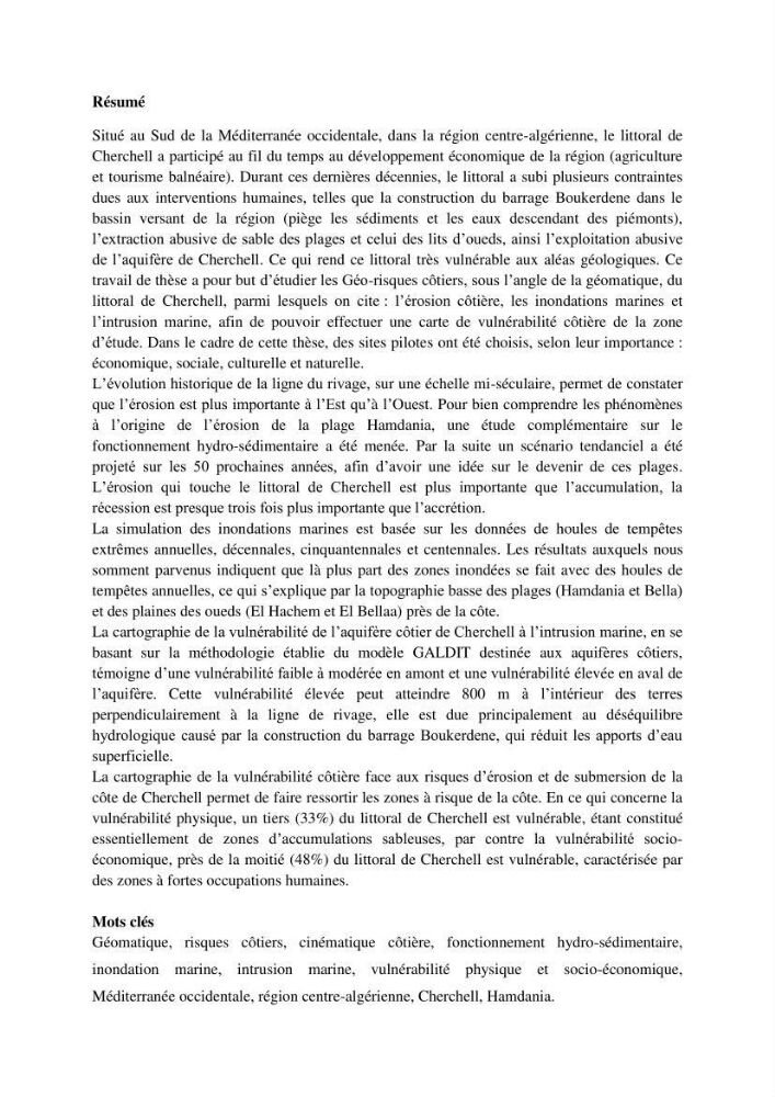 Utilisation de la géomatique pour l’étude des risques côtiers dans la zone centre Algérienne (littoral de Cherchell)